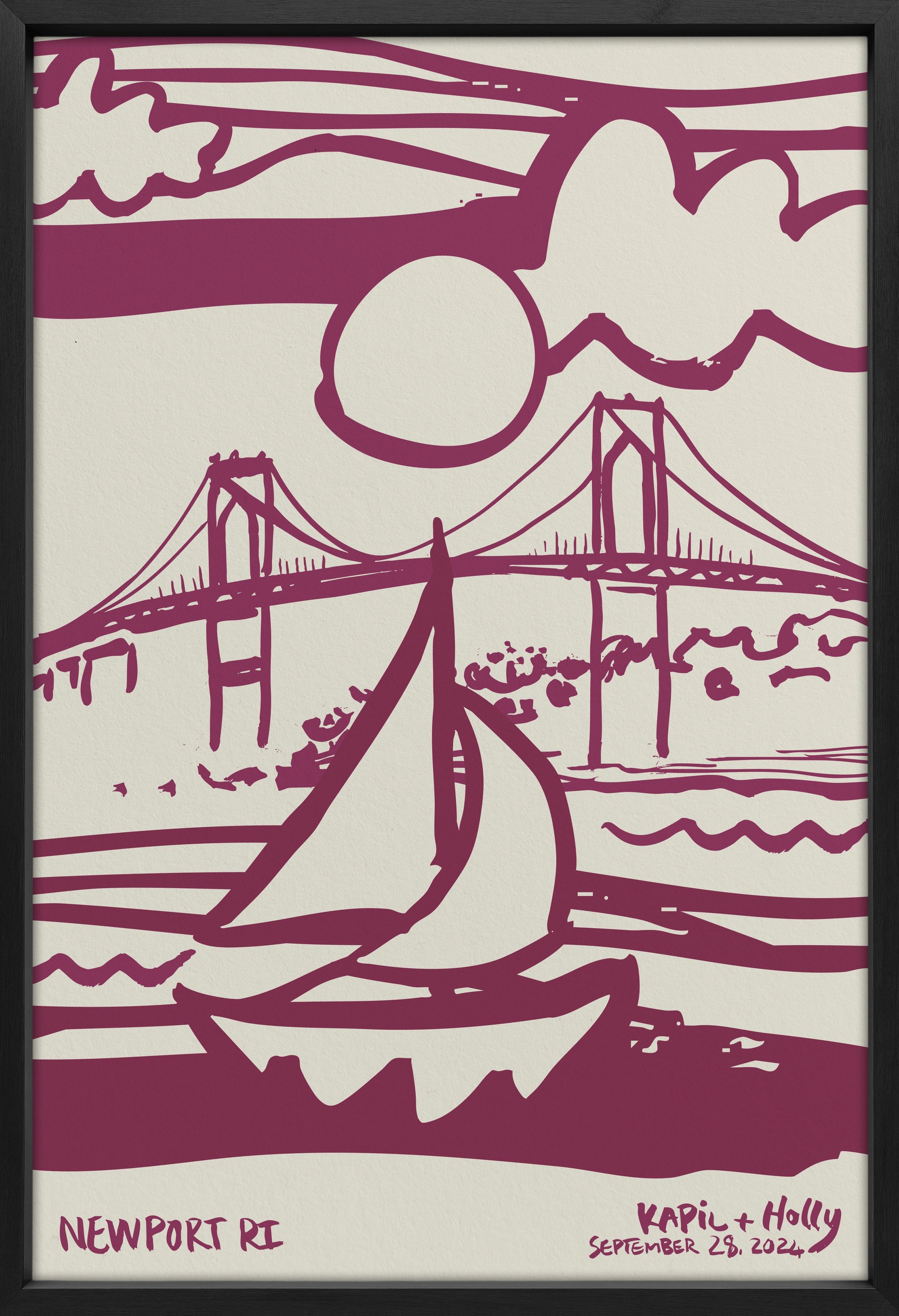 Hand painted boat illustration of boat and The Newport Bridge in Rhode Island - burgundy