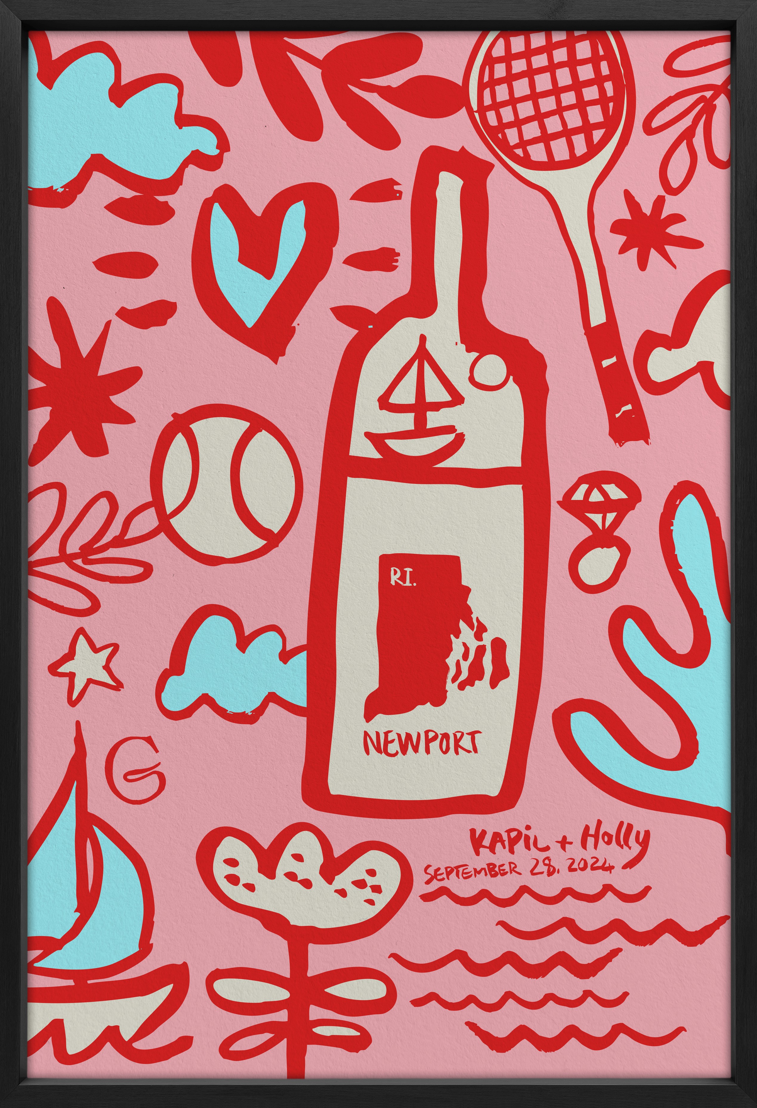 Wedding items illustration in red, pink and blue.