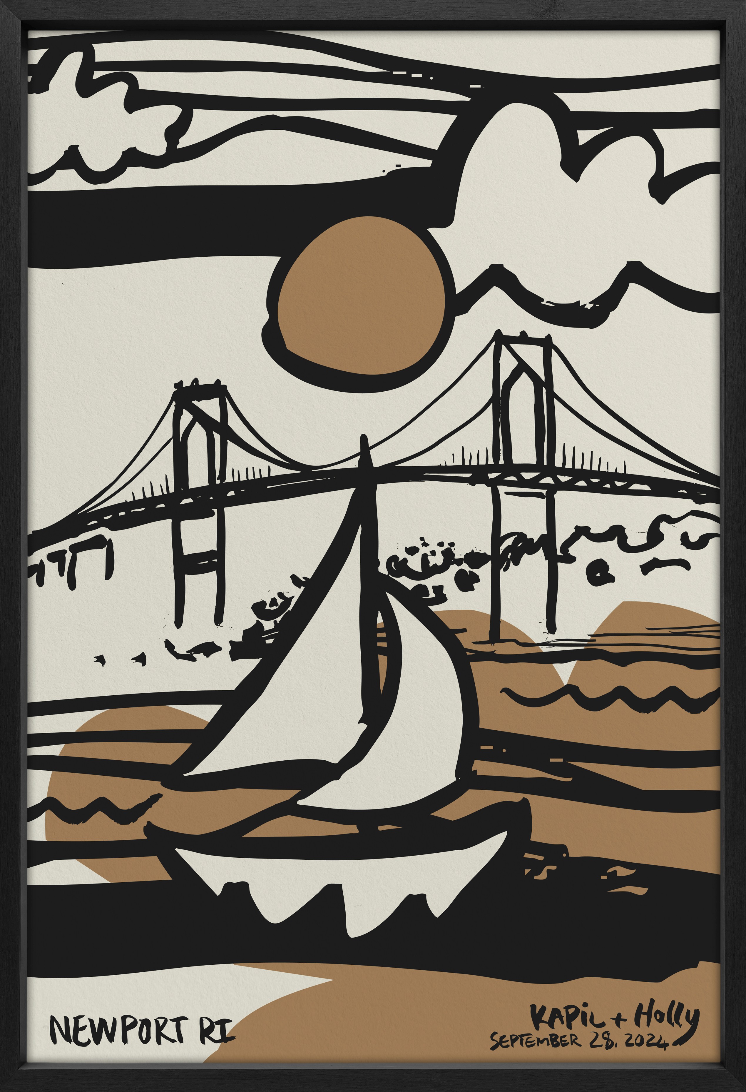 Boat scene illustration in black and gold.
