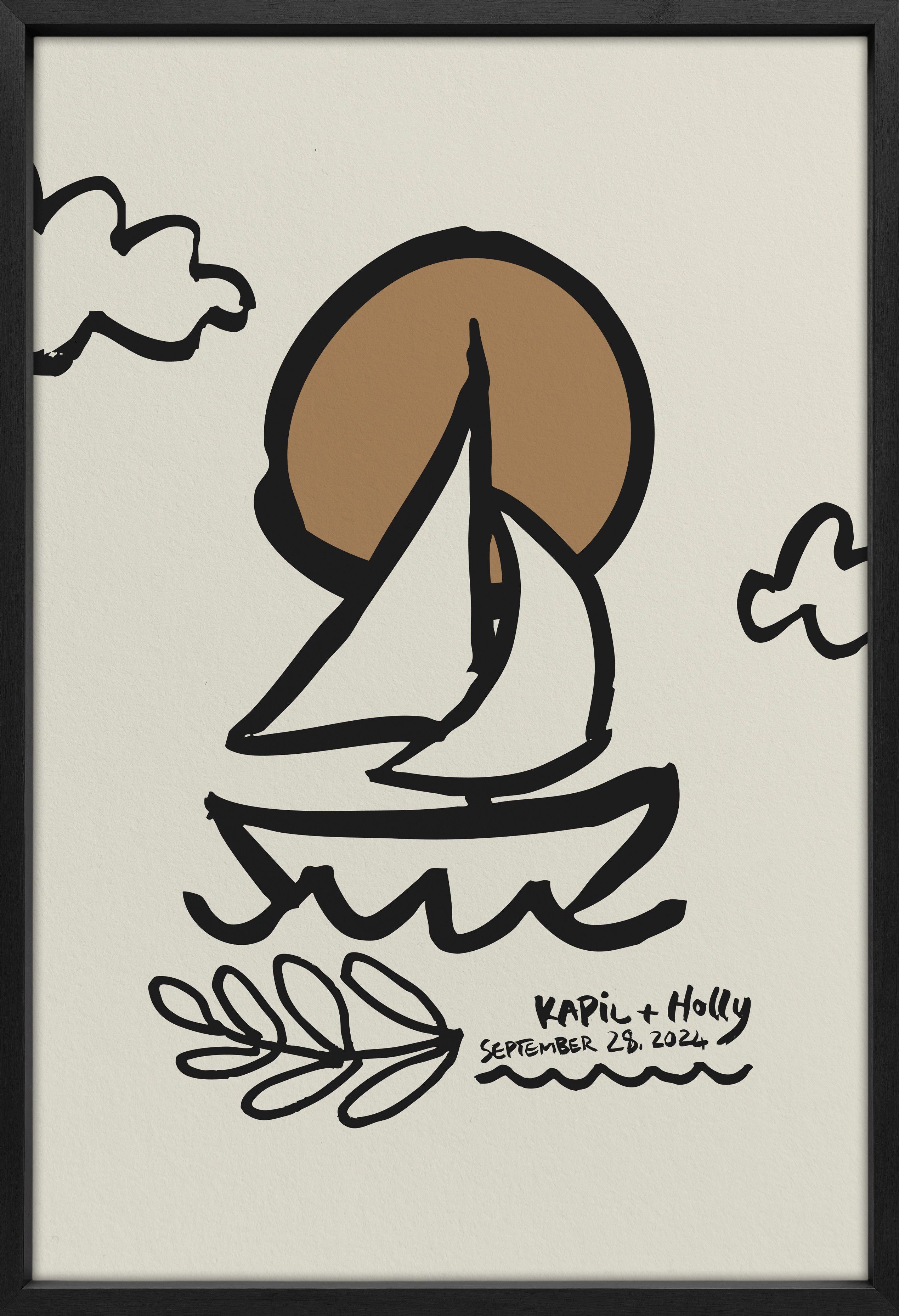 hand painted boat and sun illustration.